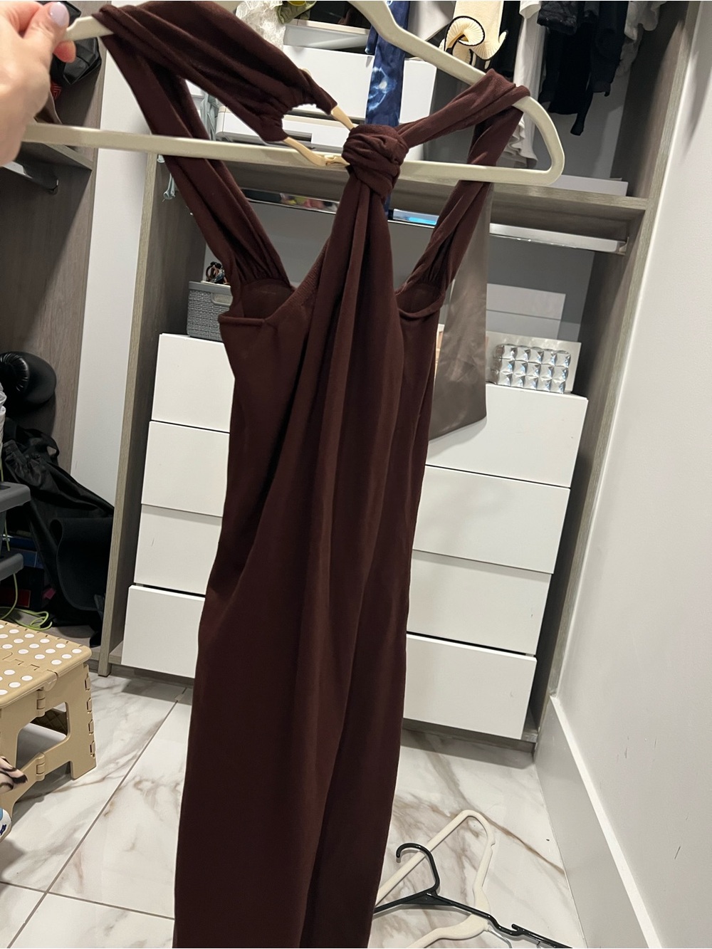 Zara One-Shoulder Knot Detail Brown Dress